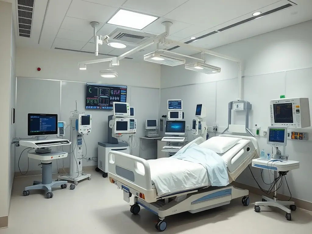 A clean and professional hospital room with advanced medical equipment.