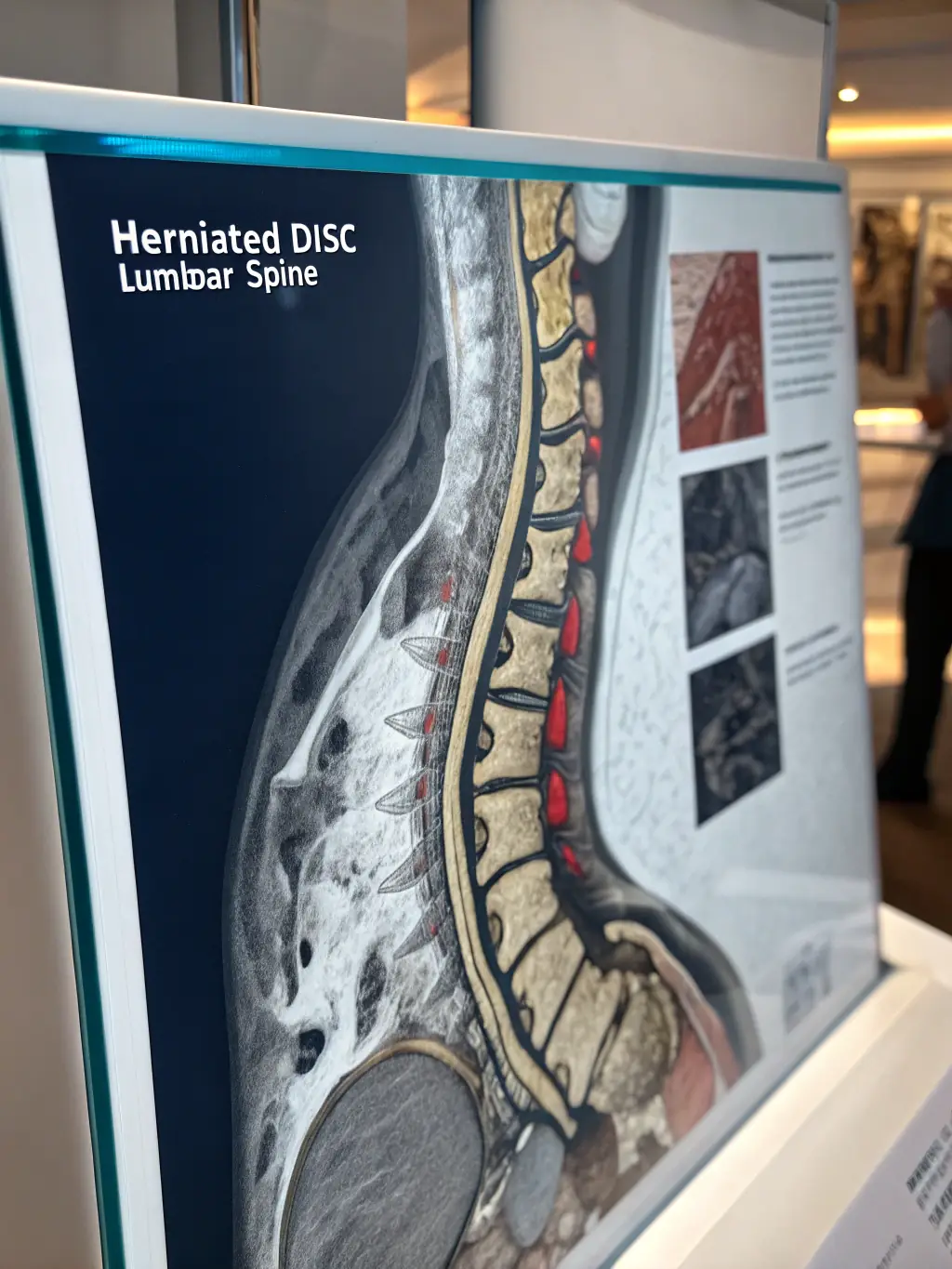 A medical visualization of a herniated disc in the cervical spine, clearly showing the compression of the nerve root. The image should be informative and easy to understand.