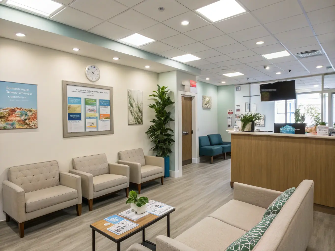 A modern and well-lit medical office waiting area with comfortable seating.